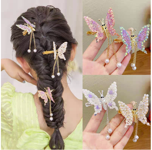 Moving butterfly hairpin kids rhinestone three-dimensional flying wings  head flower girl hairpin(Purple)