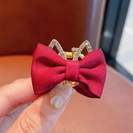 Rhinestone bow small hair grab clip（Red kitten ears）