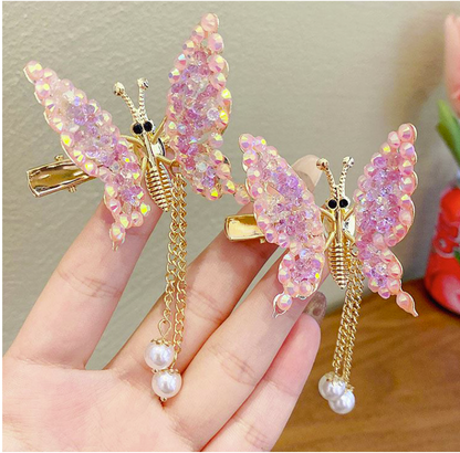 Moving butterfly hairpin kids rhinestone three-dimensional flying wings head flower girl hairpin(Pink)