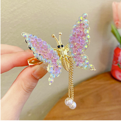 Moving butterfly hairpin kids rhinestone three-dimensional flying wings head flower girl hairpin(Purple)