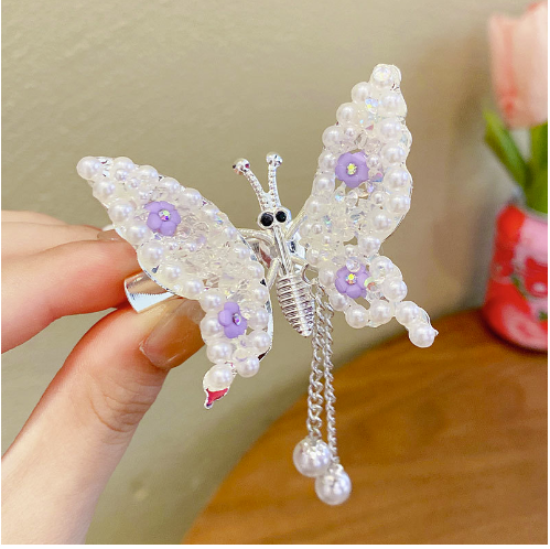 Moving butterfly hairpin kids rhinestone three-dimensional flying wings head flower girl hairpin(Silver)