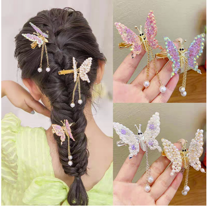 Moving butterfly hairpin kids rhinestone three-dimensional flying wings head flower girl hairpin(Silver)