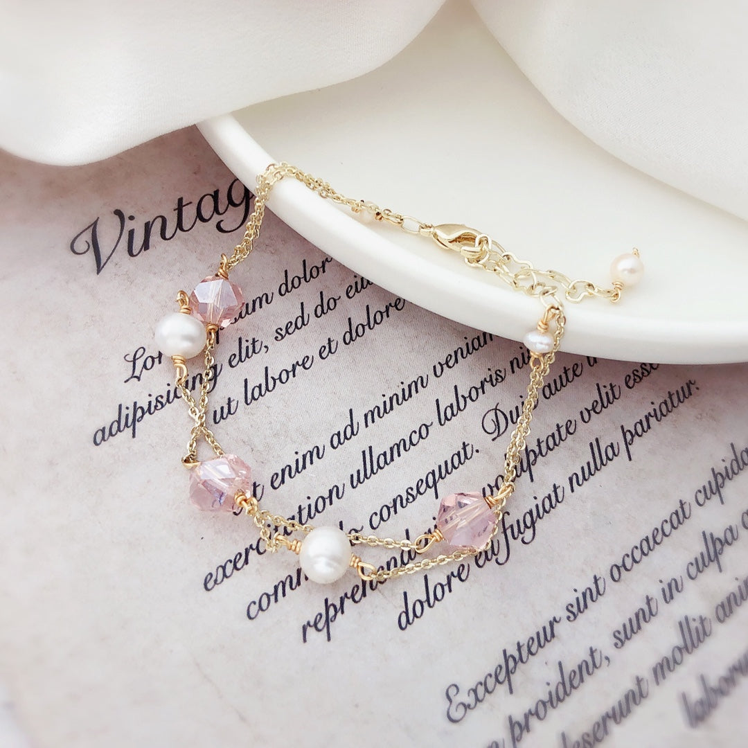 Double layer pink crystal pearl bracelet