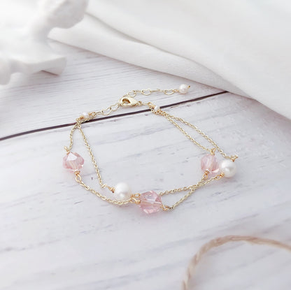 Double layer pink crystal pearl bracelet