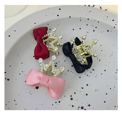 Rhinestone bow small hair grab clip（Pink crown）