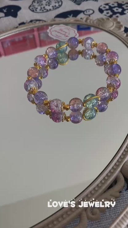 Handmade glass beads purple-green shiny bracelet